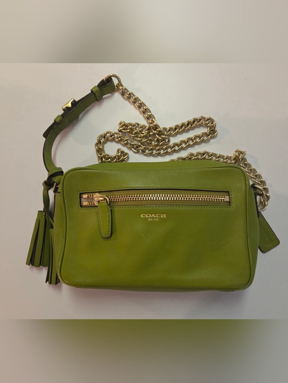 COACH Olive Green Leather Crossbody with Gold Chain